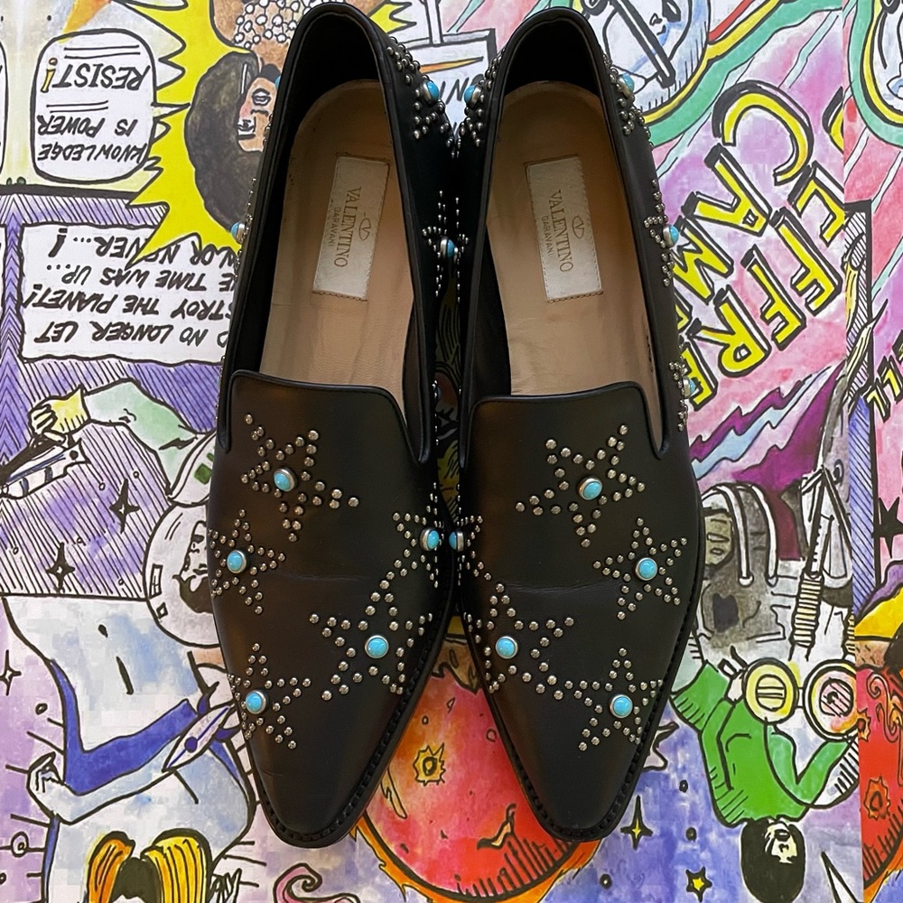 Valentino Black Nappa Star Studed Cabochon Loafers